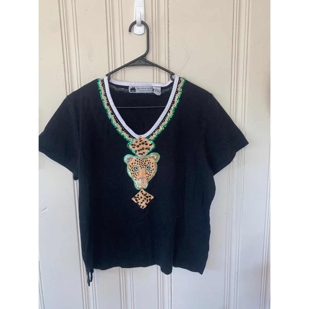Storybook Knits Womens Large Black Cotton Sequin Leopard Applique‎ V-Neck Top